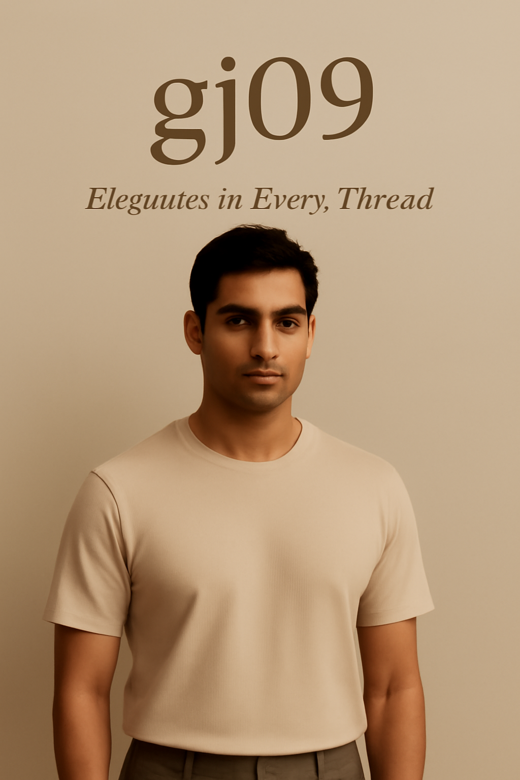 Man wearing a beige t-shirt with 'gj09' branding on a beige background